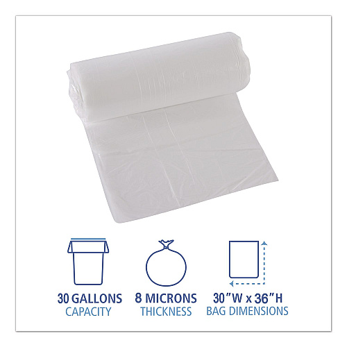 Boardwalk High-Density Can Liners, 30 gal, 8 mic, 30" x 36", Natural, Perforated Roll, 25 Bags/Roll, 20 Rolls/Carton (303610)