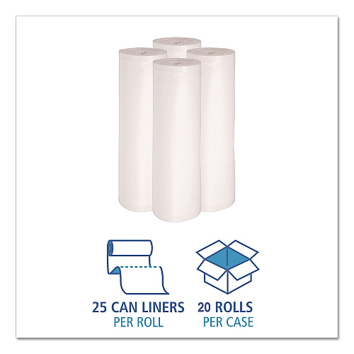 Boardwalk High-Density Can Liners, 30 gal, 10 mic, 30" x 36", Natural, Perforated Roll, 25 Bags/Roll, 20 Rolls/Carton (303613)