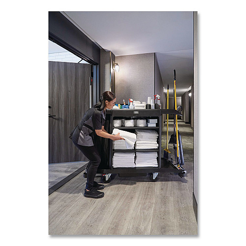 Rubbermaid Commercial Full-Size Housekeeping Cart, Plastic, 3 Shelves, 1 Bin, 24.4 x 62.4 x 49, Black (2202581)