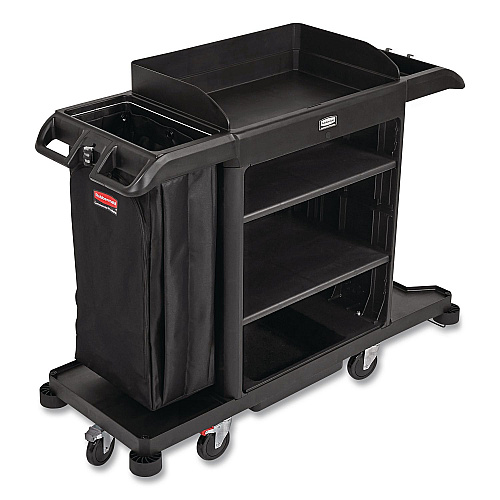 Rubbermaid Commercial Full-Size Housekeeping Cart, Plastic, 3 Shelves, 1 Bin, 24.4 x 62.4 x 49, Black (2202581)