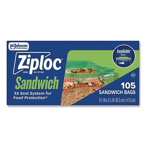 Ziploc Resealable Sandwich Bags, 6.5" x 5.88", Clear, 105 Bags/Box, 12 Boxes/Carton (383211)