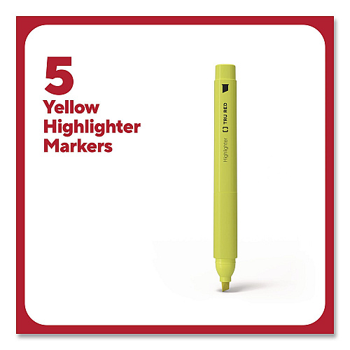 TRU RED Pen Style Chisel Tip Highlighter, Yellow Ink, Chisel Tip, Yellow Barrel, 5/Pack (24376588)