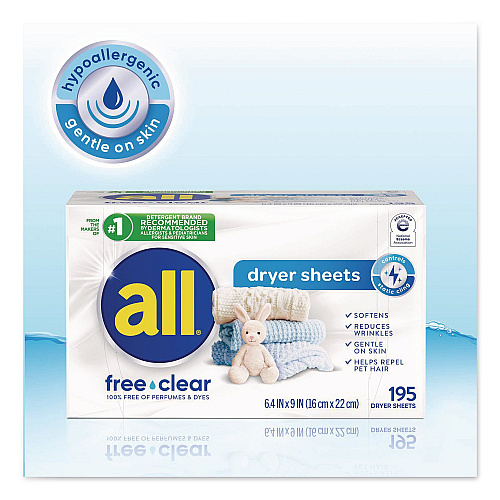 All Free Clear Dryer Sheets, Fragrance Free, 195 Sheets/Packs, 6 Packs/Carton (47362)