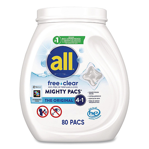 All MIGHTY PACS Free Clear Laundry Detergent, 80 Pods/Tub, 4 Tubs/Carton (47508)