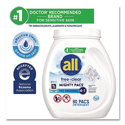 All MIGHTY PACS Free Clear Laundry Detergent, 80 Pods/Tub, 4 Tubs/Carton (47508)