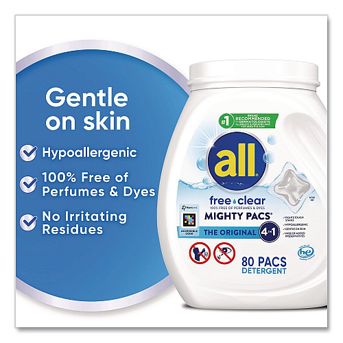 All MIGHTY PACS Free Clear Laundry Detergent, 80 Pods/Tub, 4 Tubs/Carton (47508)