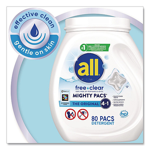 All MIGHTY PACS Free Clear Laundry Detergent, 80 Pods/Tub, 4 Tubs/Carton (47508)