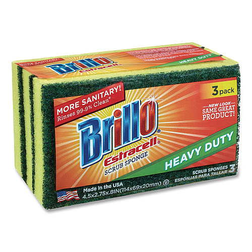 Brillo Estracell Heavy Duty Scrub Sponge, 4.5 x 2.75, 0.8" Thick, Yellow/Green, 3 Sponges/Pack, 8 Packs/Carton (21031)