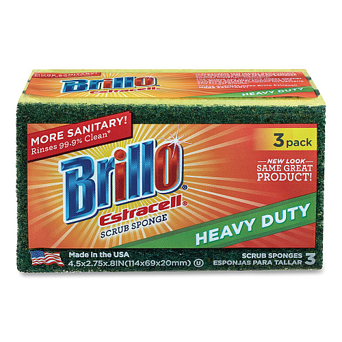 Brillo Estracell Heavy Duty Scrub Sponge, 4.5 x 2.75, 0.8" Thick, Yellow/Green, 3 Sponges/Pack, 8 Packs/Carton (21031)