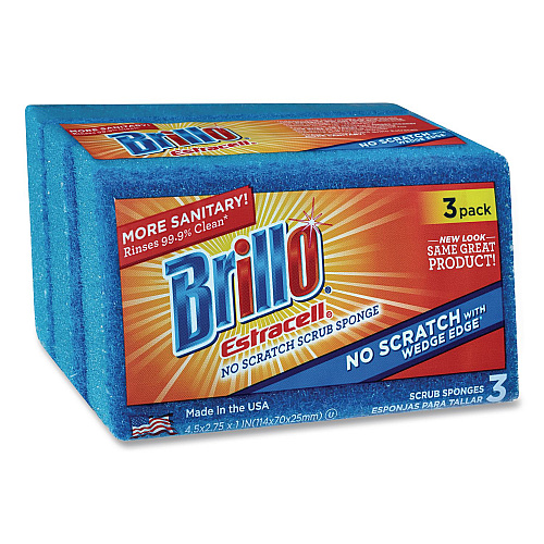 Brillo Estracell No Scratch Kitchen Sponges, 4.5 x 2.75, 1" Thick, Blue, 3 Sponges/Pack, 8 Packs/Carton (21034)