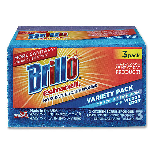 Brillo Estracell Scrub Sponge Variety Pack, 1 Bath, 2 Kitchen, 4.5 x 2.75, 1.12" Thick, Blue/Purple/White, 3/Pack, 8 Packs/Carton (21035)