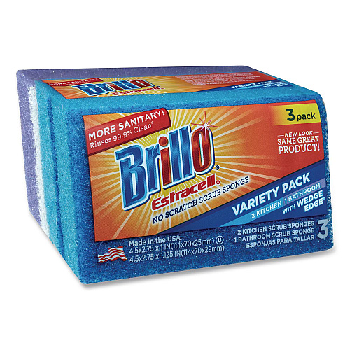 Brillo Estracell Scrub Sponge Variety Pack, 1 Bath, 2 Kitchen, 4.5 x 2.75, 1.12" Thick, Blue/Purple/White, 3/Pack, 8 Packs/Carton (21035)