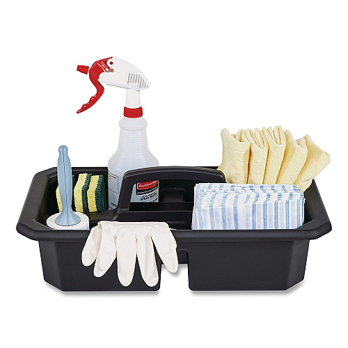 Rubbermaid Commercial Cleaning Caddy, Compatible with Full Size and Compact Housekeeping Carts, Plastic, Black, 6/Carton (2202586)