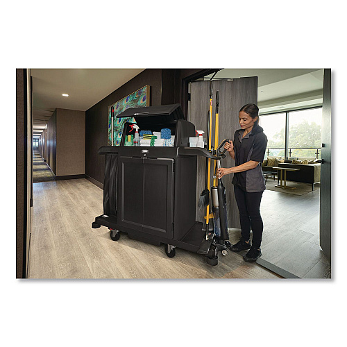 Rubbermaid Commercial Housekeeping Cart with Hood and Doors, Plastic, 4 Shelves,1 Bin, 24.4 x 62.4 x 56.9, Black (2202587)