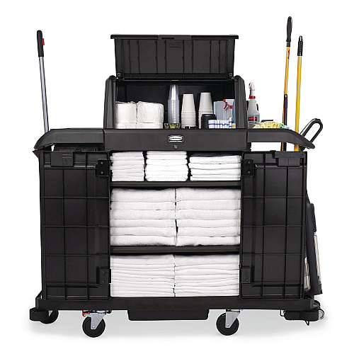 Rubbermaid Commercial Housekeeping Cart with Hood and Doors, Plastic, 4 Shelves,1 Bin, 24.4 x 62.4 x 56.9, Black (2202587)