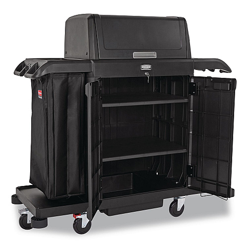 Rubbermaid Commercial Housekeeping Cart with Hood and Doors, Plastic, 4 Shelves,1 Bin, 24.4 x 62.4 x 56.9, Black (2202587)