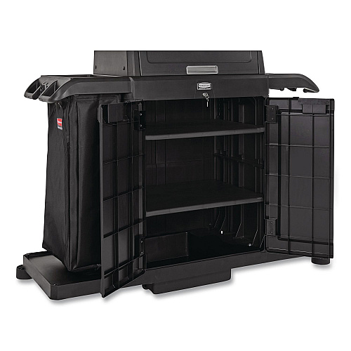 Rubbermaid Commercial Housekeeping Cart with Hood and Doors, Plastic, 4 Shelves,1 Bin, 24.4 x 62.4 x 56.9, Black (2202587)