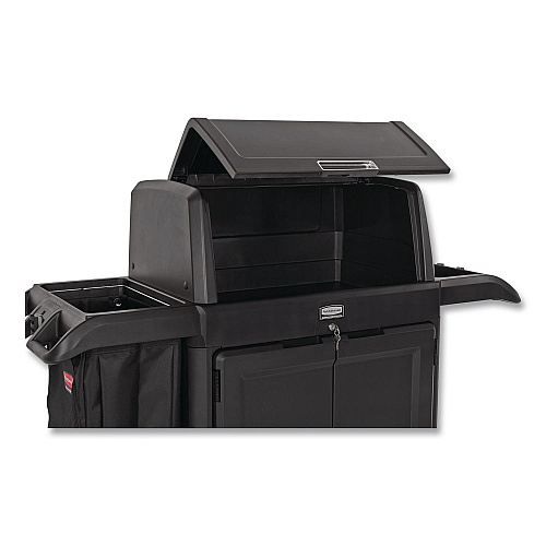 Rubbermaid Commercial Housekeeping Cart with Hood and Doors, Plastic, 4 Shelves,1 Bin, 24.4 x 62.4 x 56.9, Black (2202587)