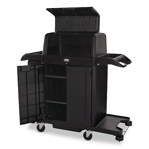 Rubbermaid Commercial Housekeeping Cart with Hood and Doors, Plastic, 4 Shelves,1 Bin, 24.4 x 62.4 x 56.9, Black (2202587)