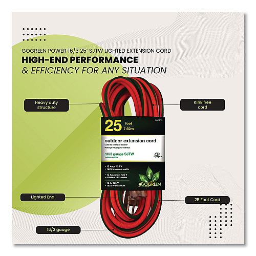 GoGreen Power 16 AWG Outdoor Extension Cord, 25 ft, 13 A, Orange (13725)