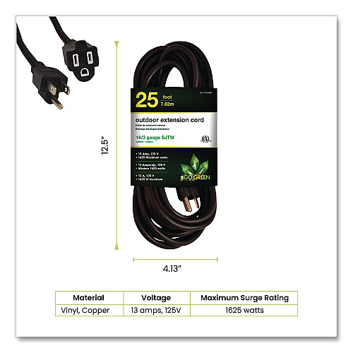 GoGreen Power 16 AWG Outdoor Extension Cord, 25 ft, 13 A, Black (13725BK)