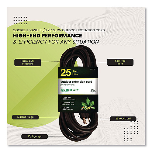 GoGreen Power 16 AWG Outdoor Extension Cord, 25 ft, 13 A, Black (13725BK)