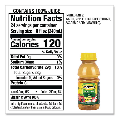 Mott's 100% Original Apple Juice, Apple, 8 oz Bottle, 24/Carton (22002660)