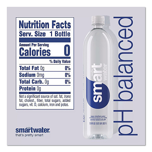 smartwater Vapor-Distilled Water, Unflavored, 33.8 oz Bottle, 15/Carton (22002684)
