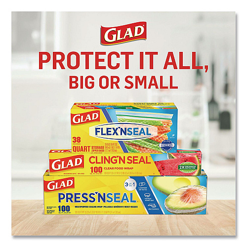 Glad Cling'N Seal Plastic Food Wrap, 12" x 33.3 yd, 100 sq ft Roll, 16 Rolls/Carton (60684)