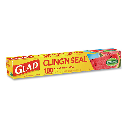Glad Cling'N Seal Plastic Food Wrap, 12" x 33.3 yd, 100 sq ft Roll, 16 Rolls/Carton (60684)