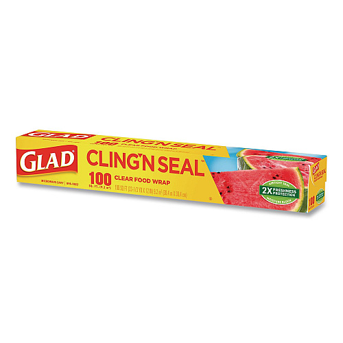 Glad Cling'N Seal Plastic Food Wrap, 12" x 33.3 yd, 100 sq ft Roll, 16 Rolls/Carton (60684)