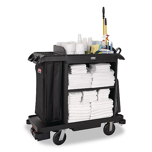 Rubbermaid Commercial Compact Housekeeping Cart?, Plastic, 3 Shelves 1 Bin, 23 x 53.12 x 19.1, Black (2202585)