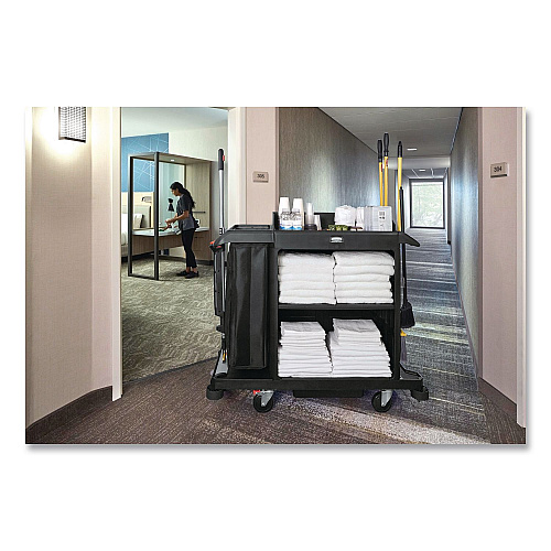 Rubbermaid Commercial Compact Housekeeping Cart?, Plastic, 3 Shelves 1 Bin, 23 x 53.12 x 19.1, Black (2202585)