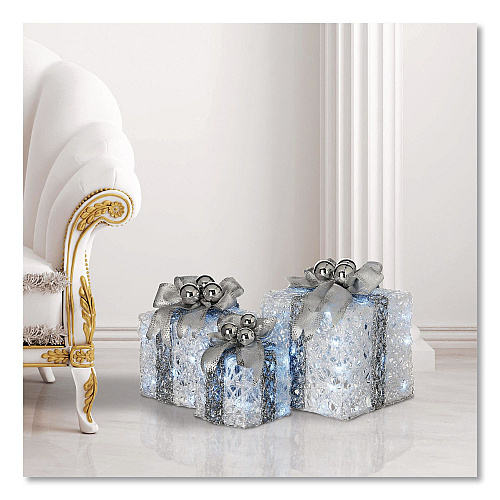 National Tree Company Pre-Lit Decorated White Gift Box Assortment, AC Powered, Cool White LED Lights, 8", 10", 12", White (DF07004L)