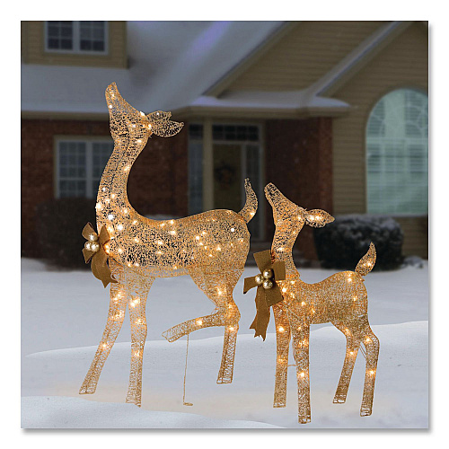 National Tree Company Pre-Lit Fawn with Doe Decoration, AC Powered, Warm White LED Lights, 6" x 22" x 38" Doe, 6" x 22" x 28" Fawn, Assorted Colors (DF105014U)