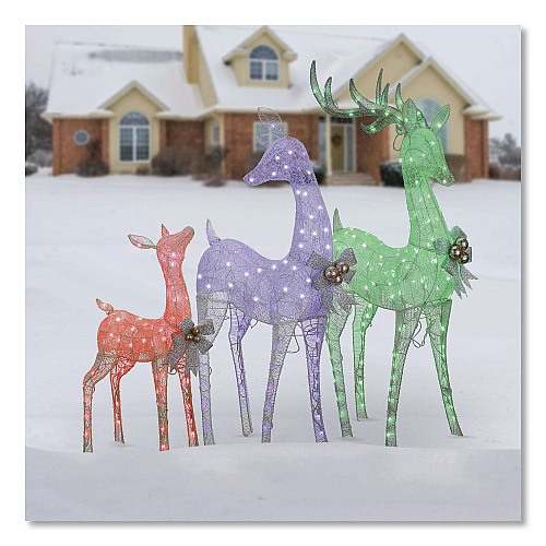 National Tree Company Mesh Glittered Deer Family, AC Powered, Blue/Green/Red/Yellow LED Lights, 27" x 8.5" x 60", White (DF340001LR)