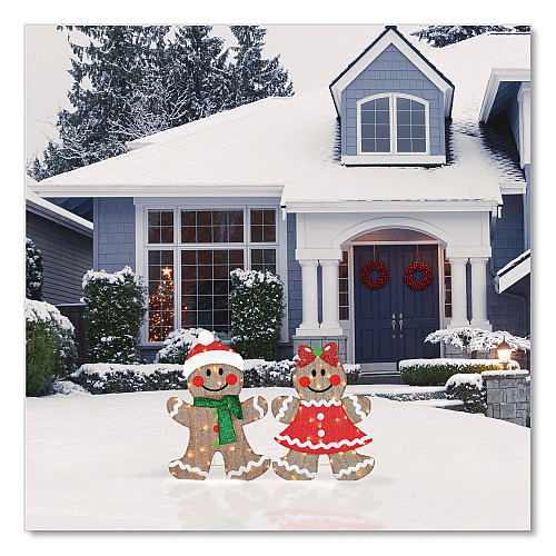 National Tree Company Pre-Lit Gingerbread Cookie Couple, AC Powered, Warm White LED Lights, 12" x 24" x 35", Assorted Colors (DF21080006L)
