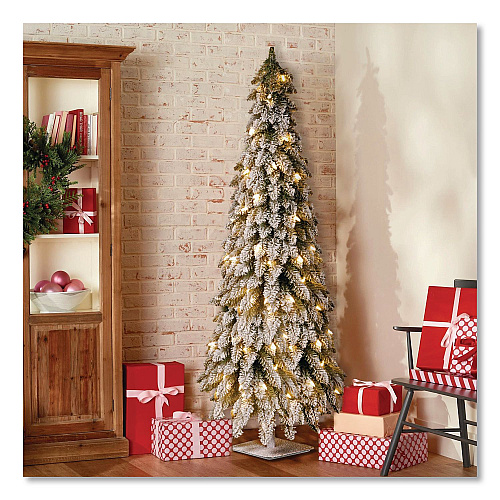 National Tree Company Pre-Lit Snowy Downswept Forest Slim Tree, 19" x 19" x 60", Green Tree, White Square Metal Plate (FTDF160ALO)