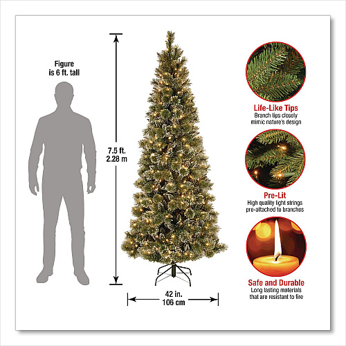National Tree Company Pre-Lit Glittery Bristle Slim Tree, 42" x 42" x 90", Green Tree, Green Tree Stand (GB331975)