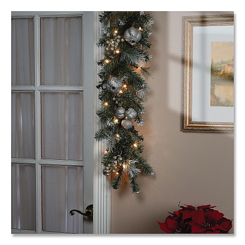 National Tree Company Pre-Lit Glittery Pine Pomegranate Garland, AC Powered, Clear Incandescent Lights, 108" Long, Green (GTP13029B1)