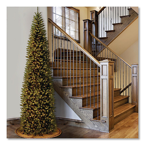 National Tree Company Pre-Lit Kingswood Fir Pencil Slim Tree, 37" x 37" x 120", Green Tree, Green Tree Stand (KW7300100)
