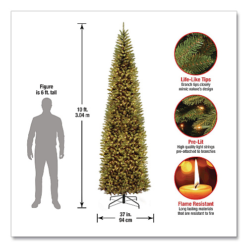 National Tree Company Pre-Lit Kingswood Fir Pencil Slim Tree, 37" x 37" x 120", Green Tree, Green Tree Stand (KW7300100)