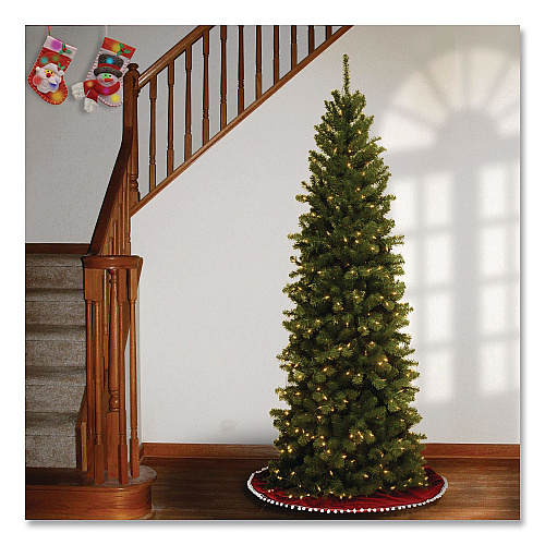 National Tree Company Pre-Lit North Valley Spruce Pencil Slim Tree, 30" x 30" x 78", Green Tree, Green Tree Stand (NRV735865)