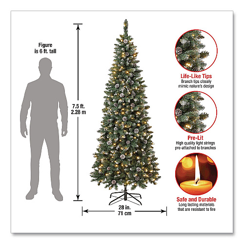 National Tree Company Pre-Lit Oakley Hills Slim Tree, 31" x 31" x 90", Green Tree, Green Tree Stand (OAK8304L75)