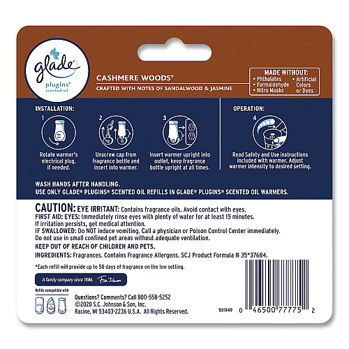 Glade Plugin Scented Oil Refill, Cashmere Woods, 0.67 oz, 5/Pack (366544)