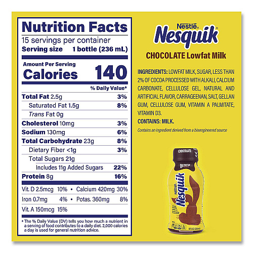 Nestle Nesquik Chocolate Lowfat Milk, 8 oz Bottle,  15/Carton (22002681)