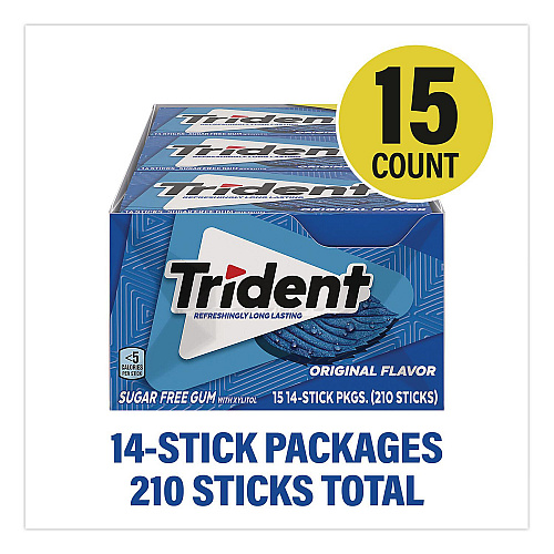 Trident Sugar-Free Gum, Original Mint, 14 Sticks/Pack, 15 Packs/Carton (22002639)