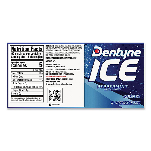 Dentyne Sugarless Gum, Peppermint Flavor, 16 Pieces/Pack, 12 Packs/Carton (22002647)