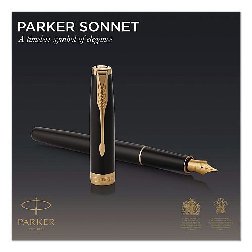 Parker Sonnet Fountain Pen, with Gift Box, Medium 1 mm, Black Ink, Black/Gold Barrel (1931495)