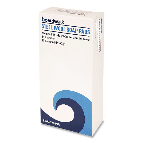 Boardwalk Steel Wool Soap Pads, 3" x 2.5", Blue, 15 Pads/Box, 12 Boxes/Carton (STWLPAD)